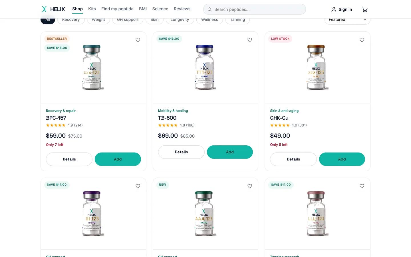 The redesigned product shelf: photoreal vials on clean cards with badges and clear pricing.