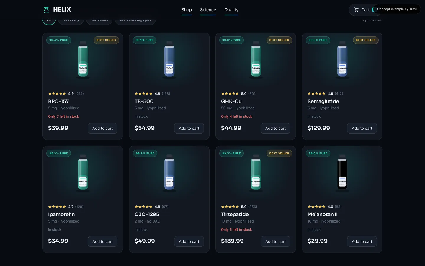 The old product shelf: flat SVG tubes repeated on dark cards.
